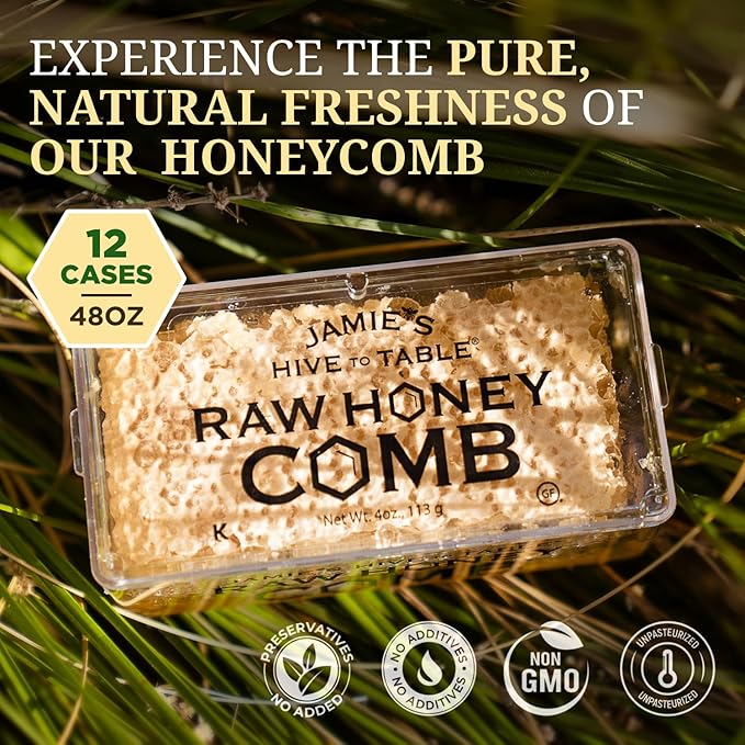 Jamie's Hive To Table 100% Raw Honeycomb, 48 Oz (Pack of 12) – All-Natural Pure Georgia Honeycomb – Fresh Georgia Honeycomb with Bee Pollen and Propolis, No Additives or Preservatives, Non-GMO