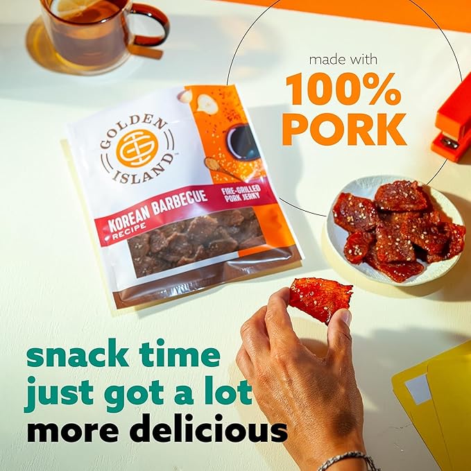 Golden Island Pork Jerky Korean BBQ Flavored, Specialty Meat Snack, Gluten Free with Korean Barbecue Seasoning, Bite Sized Sweet and Savory Protein Snack, 7g of Protein Per Serving, 9 Oz (2 Pack)