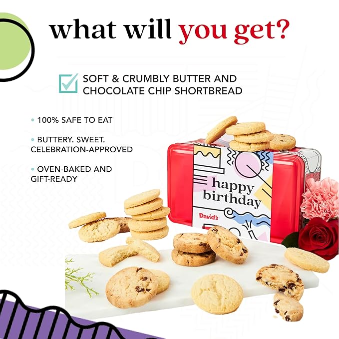 David’s Cookies Happy Birthday Shortbread Cookies Gift Tin – Original and Chocolate Chip Shortbread in Sweet Sampler – Gourmet Dessert Bakery Gift for Birthday Party Celebrations and Special Occasions