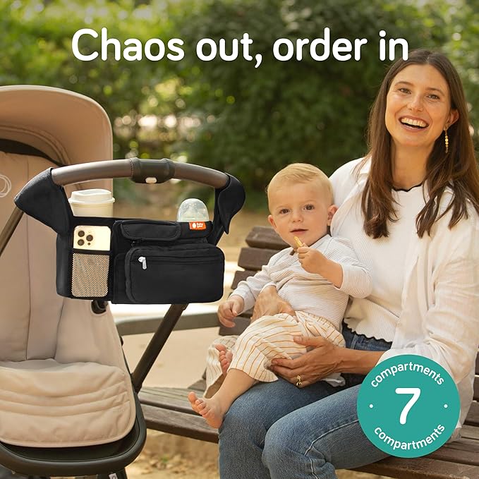 Baby Uma Universal Stroller Organizer Bag - Stroller Caddy Organizer with XL Insulated Cup Holder (x2), Phone Holder, Wipes Dispenser, Zip-Off Wrist Bag & Clip-On Shoulder Strap, Baby Travel Gear