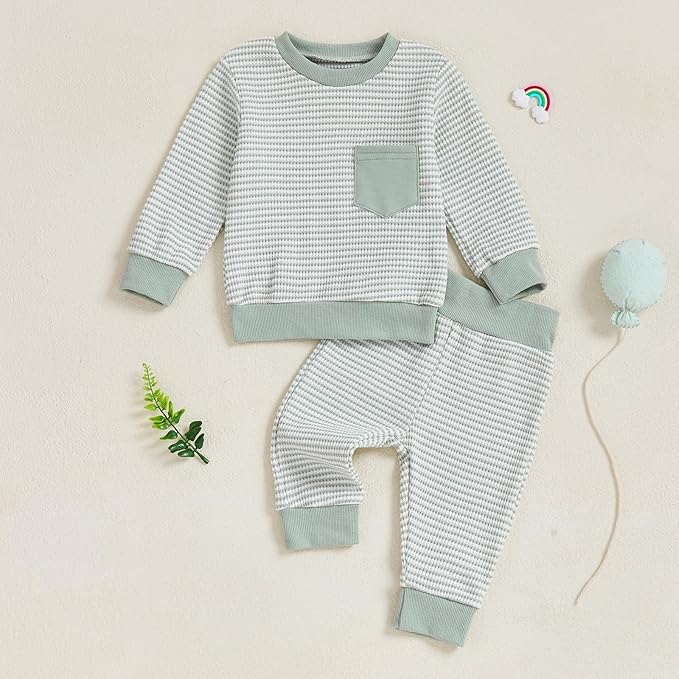 Baby Boy Toddler Fall Outfit Striped Sweatshirt Toddler Boy Winter Waffle Clothes 3 6 12 18 Months 2 3 T Pant Set
