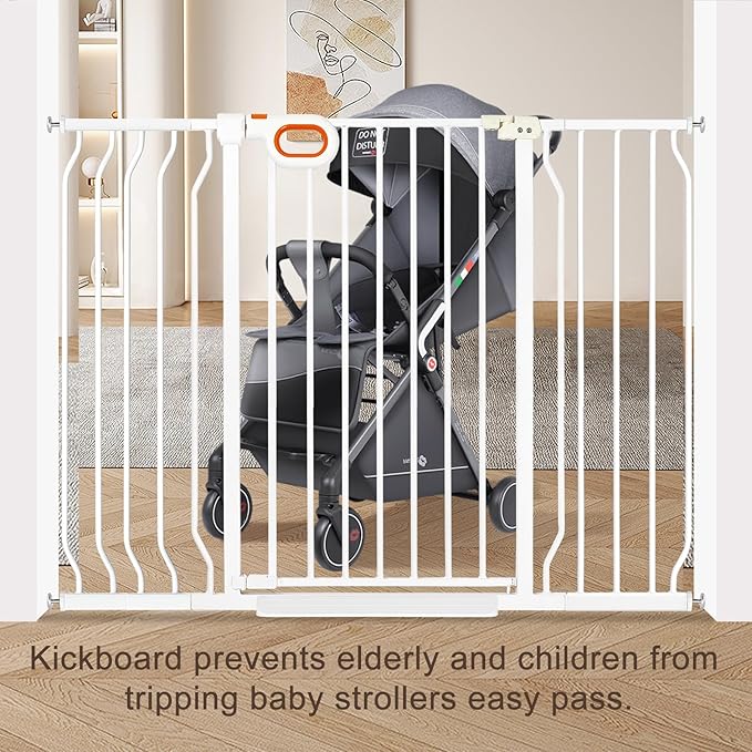 owlie 37.4" Extra Tall Wide Baby Gate for Stairs Doorways,75-85 Inch Extra Large Long Baby Gate with Door Indoor Safety Metal Pressure Mounted Pet Gate with Walk-Thru Auto Close, White