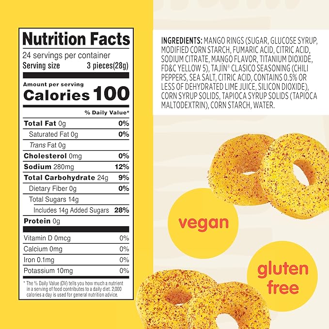 Snak Club Tajin Mango Rings Gummy Candy, Fruit Candy Gummies with Chili and Lime Seasoning, Mild, Gluten-Free and Vegan Snacks, 24 oz Resealable Bag