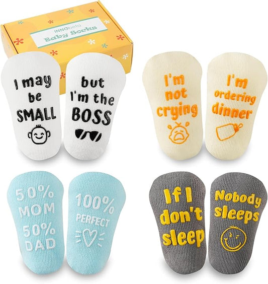 InnoBeta Baby Socks Set with Funny Quotes (4 Pairs) Newborn/Infant Socks for Baby Shower, Gender Reveal 3-12 Months