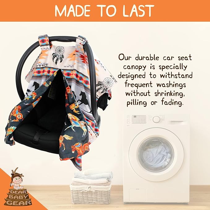 Dear Baby Gear - Baby Car Seat Canopy - Infant Car Seats Covers - Carseat Canopies for Boys and Girls - Toddler Carseat Cover with Snap Opening 40"x30"(Southwestern Tribal Horses - Reversible)