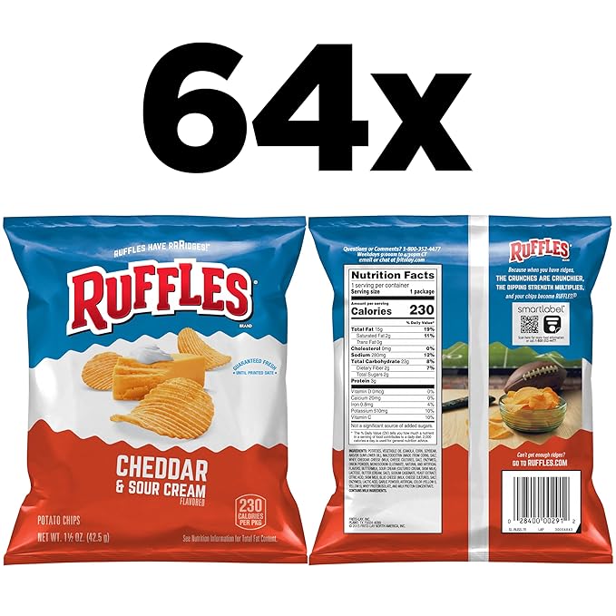 Ruffles Cheddar & Sour Cream Flavored Potato Chips, 1.5 Ounce (Pack of 64)