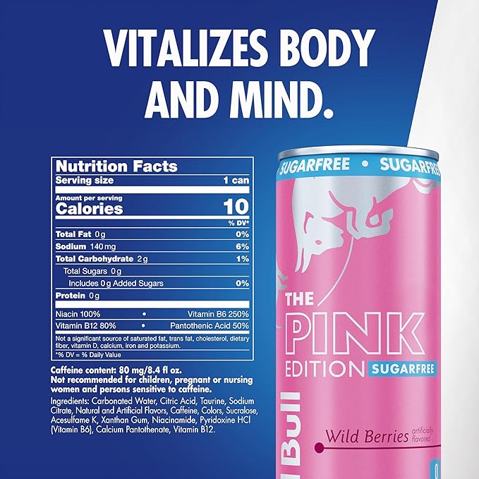 Red Bull Pink Edition Sugar Free Energy Drink, Wild Berries, 8.4 fl. oz., 6 x 4 Cans, Pack of 24 Cans, with 80mg Caffeine, Taurine & B Vitamins