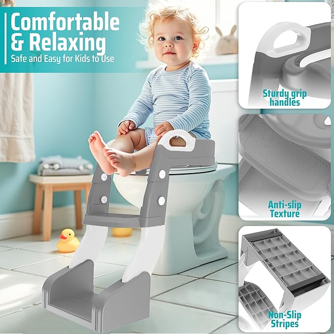 3-in-1 Toddler Potty Training Toilet with Ladder, Easy Assembly, Collapsible Potty Training Seat, Anti-slip Foldable Toddler Toilet Seat with Adjustable Step Stool For Kids Boys And Girls (Grey)