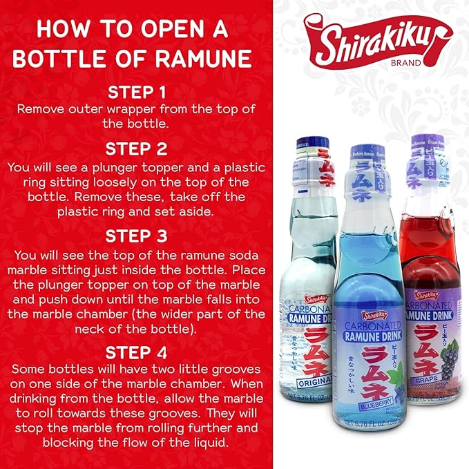 Shirakiku Ramune Japanese Soda Variety Pack | Japanese Marble Soda in Multiple Flavors | Original, Strawberry, Melon, Lychee, Grape, Blueberry - 6.76 fl oz Bottles - Pack of 6