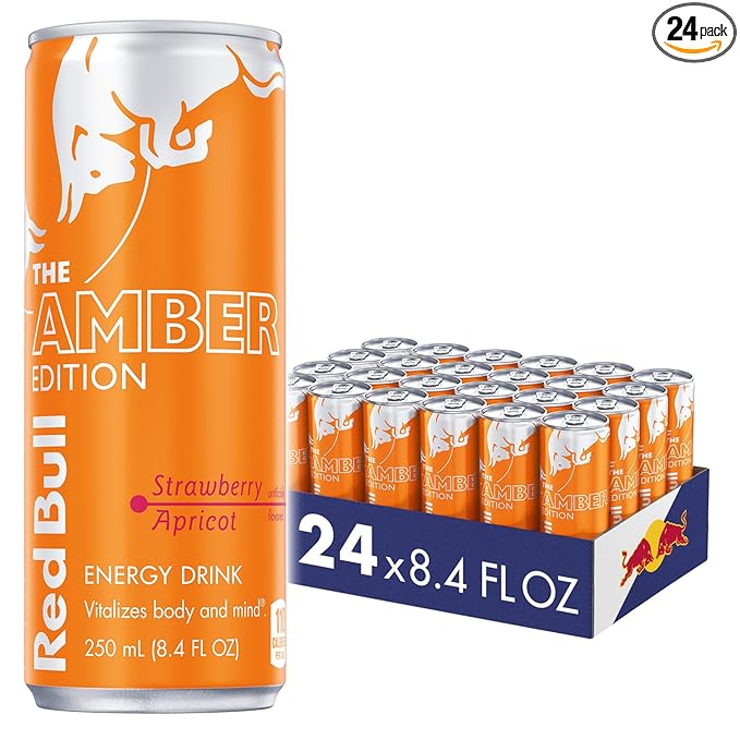Red Bull Amber Edition Energy Drink, Strawberry Apricot, with 80mg Caffeine plus Taurine & B Vitamins, 8.4 Fl Oz, Pack of 24 Cans