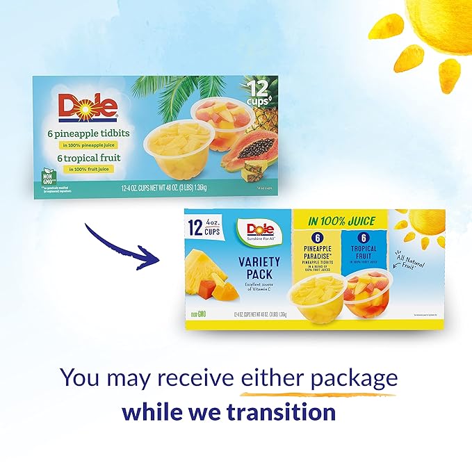 Dole Fruit Bowls Pineapple Tidbits & Tropical Fruit in 100% Juice Snacks, 4oz 12 Total Cups, Gluten & Dairy Free, Bulk Lunch Snacks for Kids & Adults (Pack of 2)
