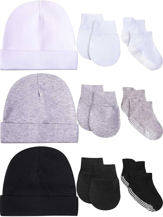 Baby Hats Mittens and Socks Set Unisex Cotton Beanie Cap and Scratch Mitten Non-Slip Baby Ankle Socks for Boys and Girls