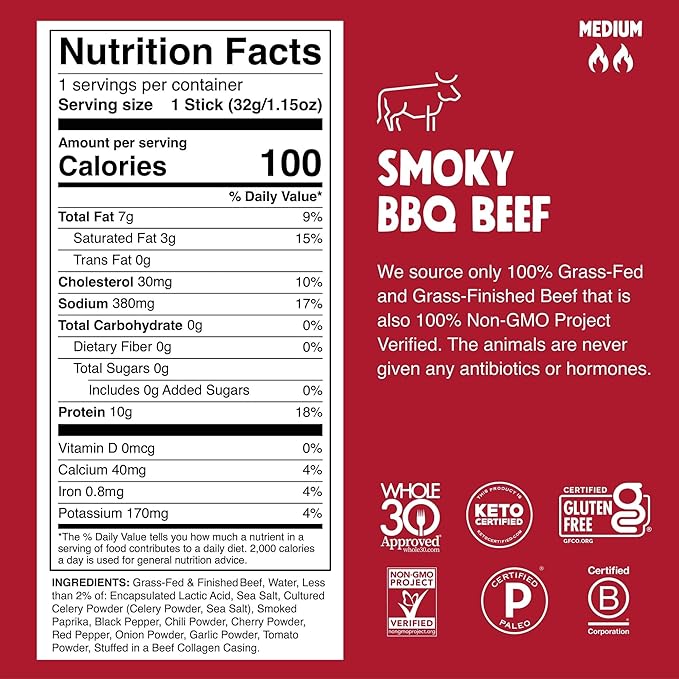 Chomps Grass-Fed and Finished Smoky BBQ Beef Jerky Snack Sticks 10-Pack - Keto, Paleo, Whole30, 10g Lean Meat Protein, Gluten-Free, Zero Sugar Food, Non-GMO