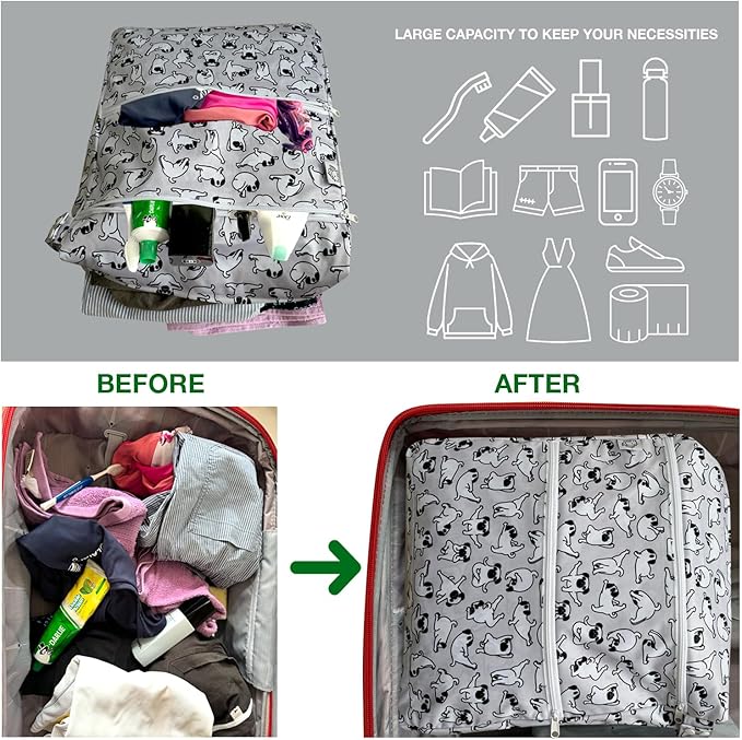 FLOCK THREE 3D Waterproof and Washable Wet Bag Luggage Organiser for Travel storage Stroller Daycare Baby Diapers Yoga Beach Pool Swimsuits Luggage Packing for Travel Accessories (Yoga Pugs)