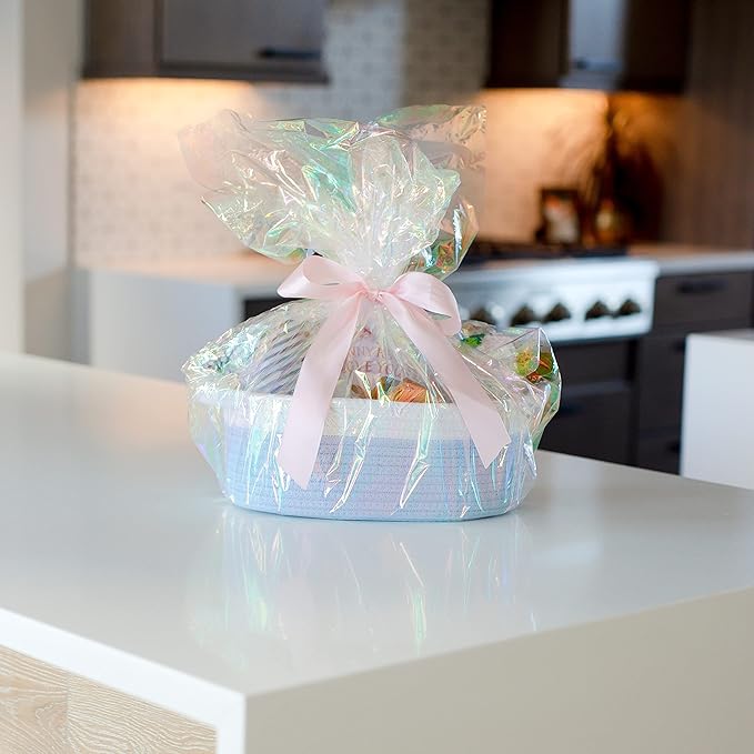 NaturalCozy 3-Piece Oval Storage Basket Set– Soft Natural Rope Woven Baskets for Storage Shelf, Toy, Nursery, Gift, Baby Shower, Pets Cat Dog Bins | Small Basket for Organizing (Off White & Blue)