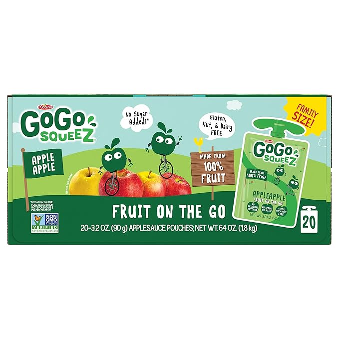 GoGo squeeZ Applesauce and Fruit Puree, Apple Apple, 3.2 oz (Pack of 20), Unsweetened Fruit Snacks for Kids, Gluten Free, Nut Free and Dairy Free, Recloseable Cap, BPA Free Pouches