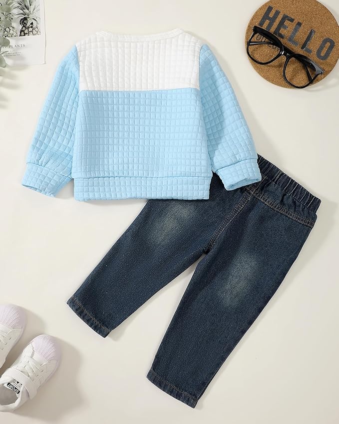 NZRVAWS Toddler Baby Boy Clothes Pullover Sweater Ripped Jean Sweatsuit Little Boy Outfit Fall Winter Clothing Set 6M-7T