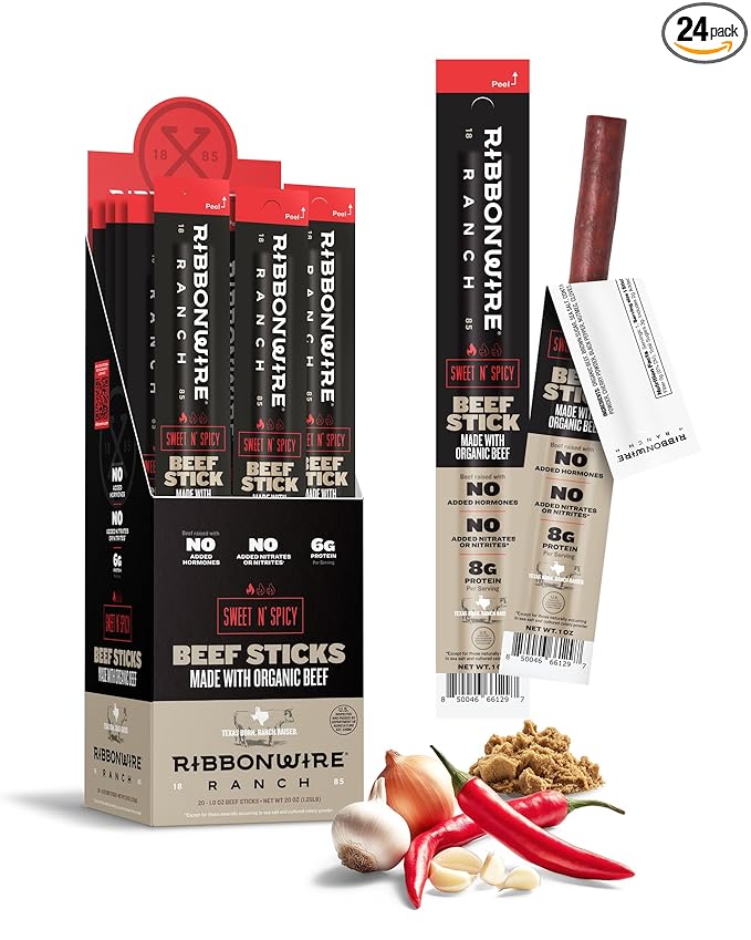 Ribbonwire Ranch Beef Sticks, Made with Organic Beef, Pasture Raised, High Protein Snack, Healthy, Low Carb, Keto Friendly, Gluten Free, Nitrate Free, On the Go, 1 Oz Sticks, Sweet N' Spicy, 24 Pack
