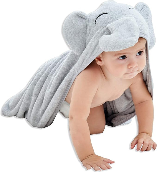 HIPHOP PANDA Hooded Towel - Rayon Made from Bamboo, Bath Towel with Bear Ears for Newborn, Babie, Toddler, Infant - Absorbent Large Baby Towel - Grey Elephant, 30 x 30 Inch