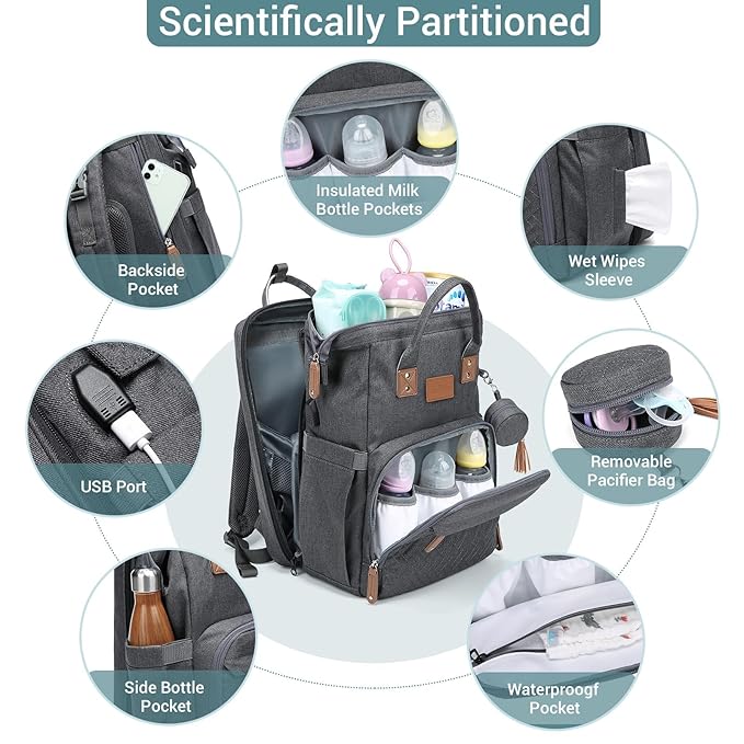JOLLITO Diaper Bag Backpack with Changing Station Large Capacity Multifunction Baby Bags for Boy Girl Travel For Moms Dads Baby Registry Search Essentials Shower Gifτs Gray