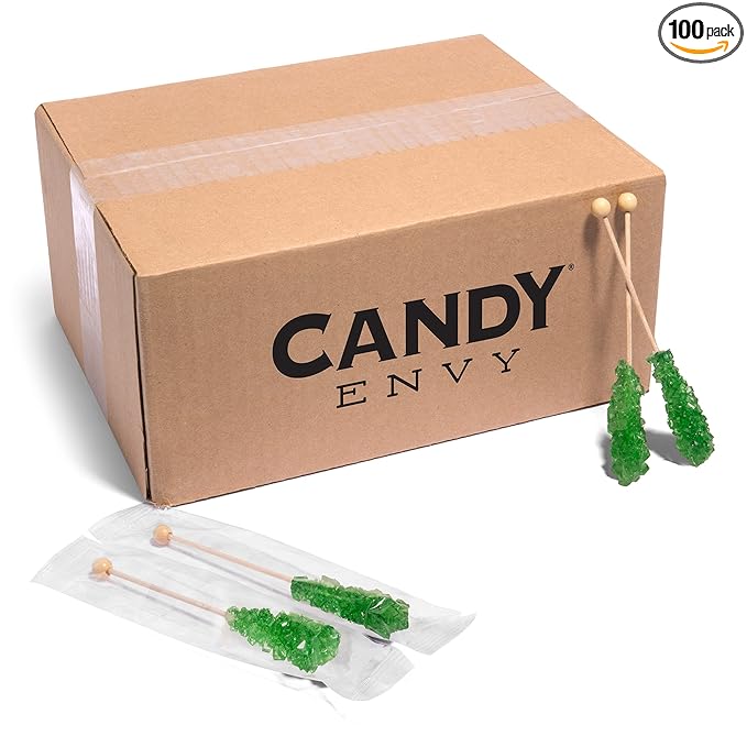 Candy Envy - Green Café Sugar Sticks Mini Rock Candy - 100 Bulk Individually Wrapped Treats - Lime Flavored