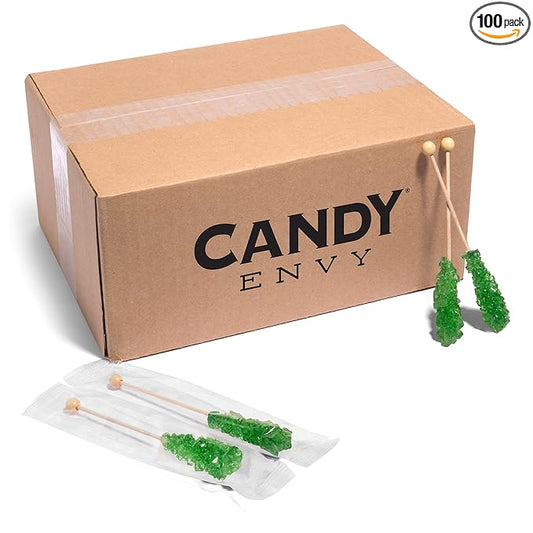 Candy Envy - Green Café Sugar Sticks Mini Rock Candy - 100 Bulk Individually Wrapped Treats - Lime Flavored