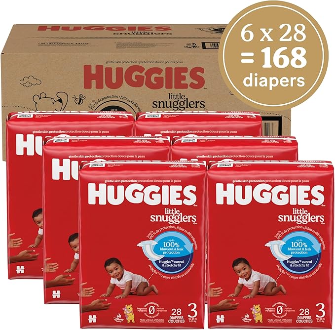 Huggies Size 3 Diapers, Little Snugglers Baby Diapers, Size 3 (16-28 lbs), 168 Count (6 Packs of 28), Packaging May Vary