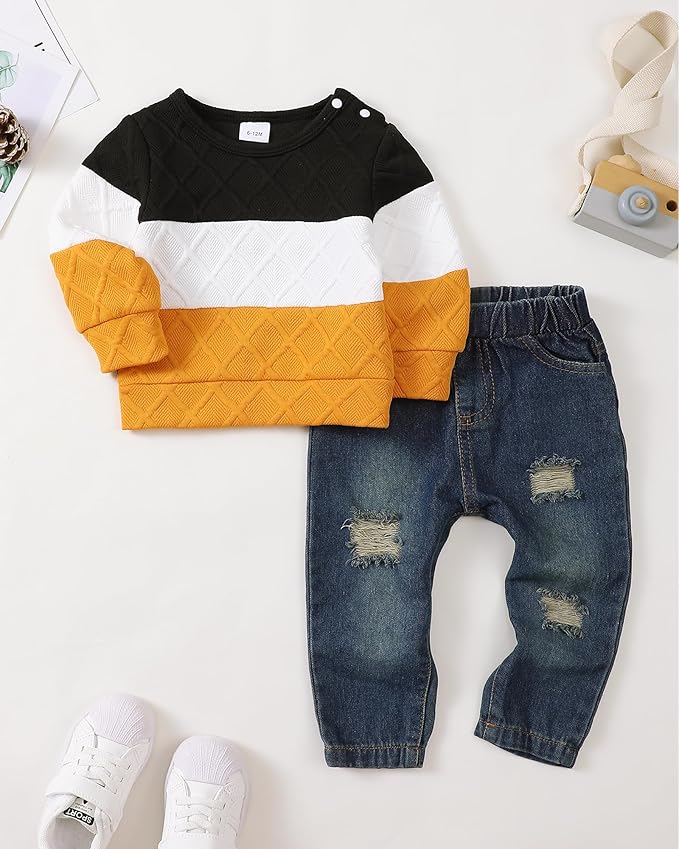 NZRVAWS Toddler Baby Boy Clothes Pullover Sweater Ripped Jean Sweatsuit Little Boy Outfit Fall Winter Clothing Set 6M-7T