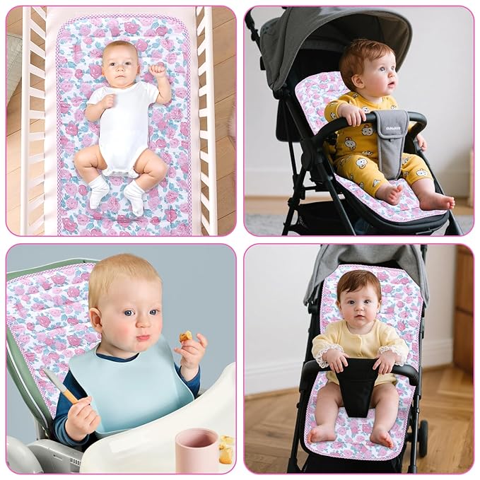 Baby Stroller Cushion,Infant Car Seat Insert-Reversible Universal Breathable and Soft Newborn Stroller Mat,100% Cotton Cover Toddler Seat Pad Liner-34x78cm,1 Pack(Pink Rose+Pink Plaid)