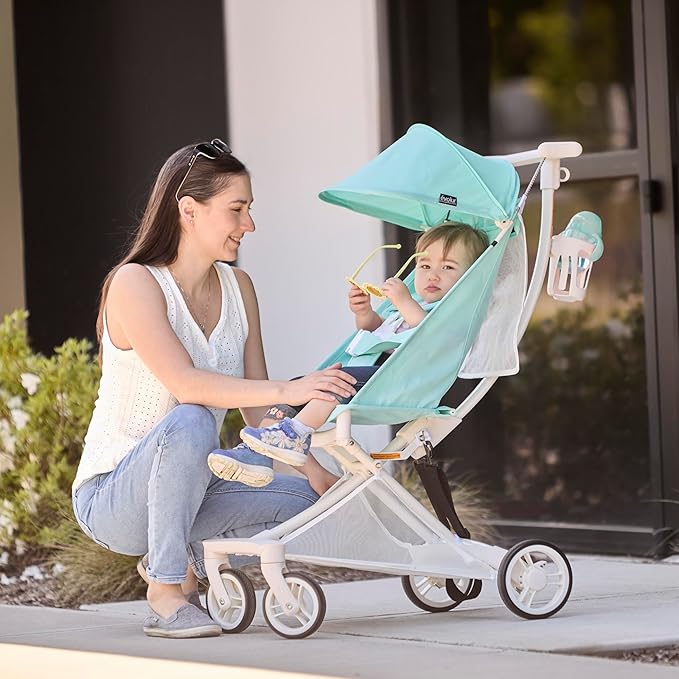 Evolur Roamer Ultra Light Stroller in White Blue, Travel-Ready Compact Stroller with One-Hand Fold, 33 lb Capacity, Sun Canopy & Cup Holder, Easy Clean, Smooth Ride for Everyday Use