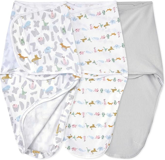 aden + anais Essentials Easy Swaddle Wrap Quick Change with Bottom Zipper, Snug Cotton Knit Baby Wrap Swaddle Blanket for Newborns, TOG 1.0, 3-Pack, Alphabet Animals, 0-3 Months, Small/Medium
