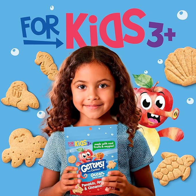 Get'ems! from Gerber Pumpkin, Apple & Cinnamon Ocean World Cookies, Kids Snack Made with Real Veggies & Fruits, Iron & Vitamin E