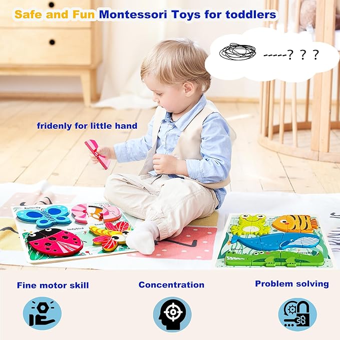 Wooden Creature Puzzles for Toddlers 2-4,Toddler Jigsaw Puzzle Ages 1-3, Montessori Educational Toys for 2 3 Years Old, Wood Learning Gifts for Preschool Kids Boys Girls