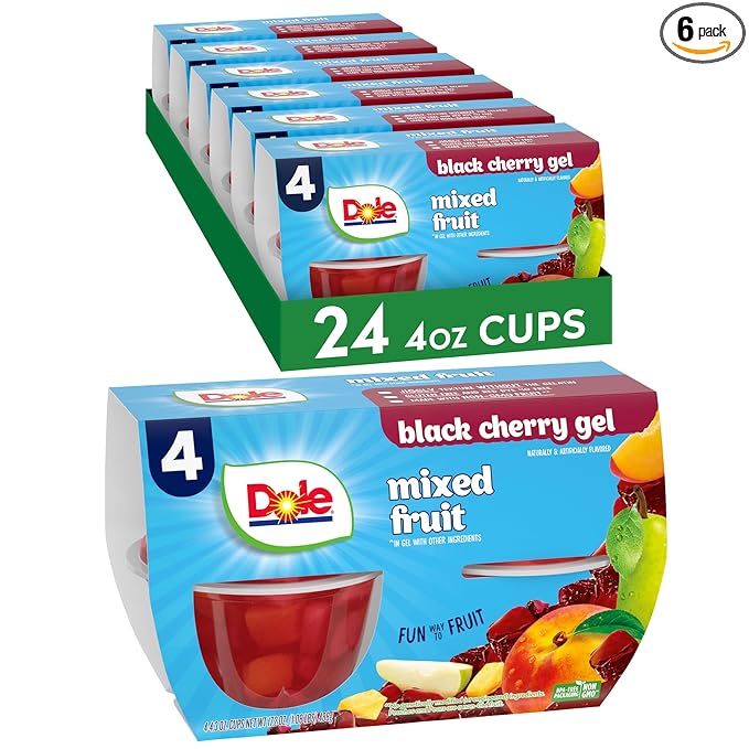 Dole Fruit Bowls Mixed Fruit in Black Cherry Flavored Gel, Back To School, Gluten Free Healthy Snack, 4.3 oz, 24 Total Cups