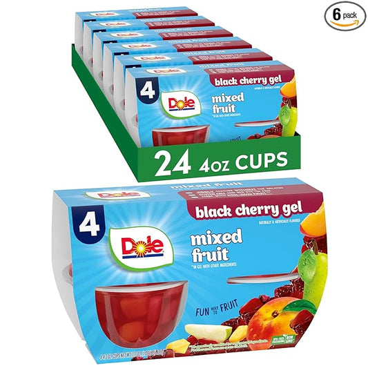 Dole Fruit Bowls Mixed Fruit in Black Cherry Flavored Gel, Back To School, Gluten Free Healthy Snack, 4.3 oz, 24 Total Cups