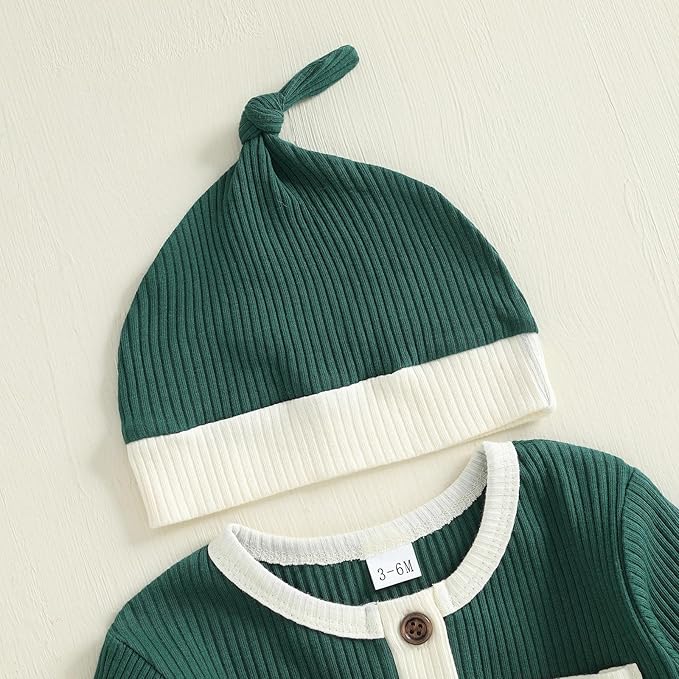 fhutpw Newborn Baby Boy Clothes Ribbed Knit Bodysuit 3 6 Months Infant Fall Long Sleeve Splicing Color Romper Jumpsuit & Hat