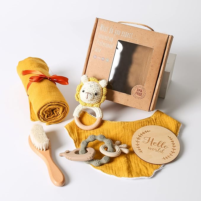 YOUUYS Baby Gift Set for Newborn - Baby Essential Bath Basket Gift Set with Baby Blanket Baby Rattle Teether Toy & Hair Brush Newborn Shower Gift for Baby Girls Boys 6PCS (Lion)