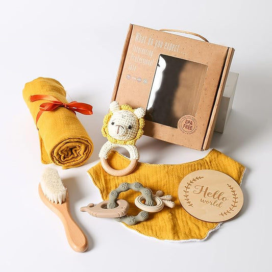 YOUUYS Baby Gift Set for Newborn - Baby Essential Bath Basket Gift Set with Baby Blanket Baby Rattle Teether Toy & Hair Brush Newborn Shower Gift for Baby Girls Boys 6PCS (Lion)
