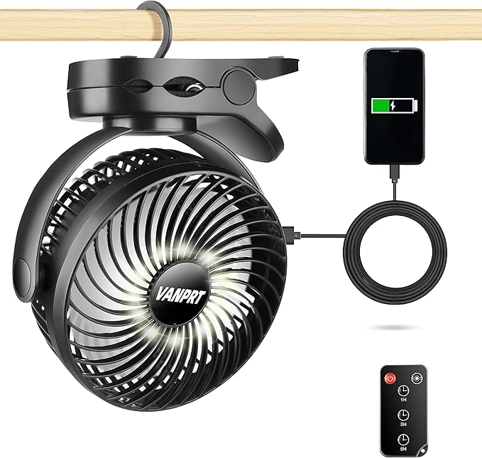 6'' Portable Hanging RV Tent fan with Remote Control,10000mAh Battery Camping Fan with LED light and Timer, 40 Hours Working Time Rechargeable Clip Fan, as Emergency Power - Black
