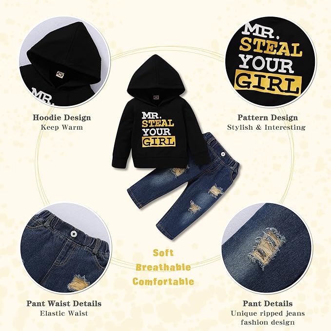 NZRVAWS Baby Boy Clothes Toddler Boy Outfit 2 3 4T 6 12 18 24 Month Fall Winter Hoodie Ripped Jeans Clothing