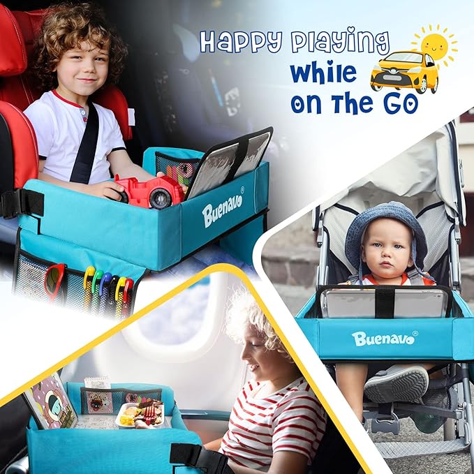 BUENAVO [New Version] Car Seat Organizer Kids Travel Tray for Kids Toddlers Activities in Car Seat, Stroller, Airplane | Waterproof Dry Erase Top | Side Pocket & Water Bottle Holder