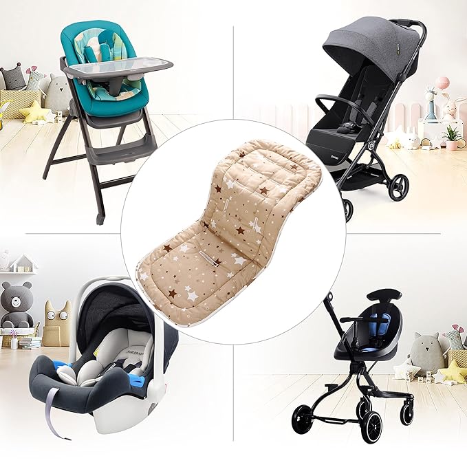 Baby Stroller Cushion,Infant Car Seat Insert-Reversible Universal Breathable and Soft Newborn Stroller Mat, 100% Cotton Cover Toddler Seat Pad Liner-34x78cm,1 Pack（White + Brown Stars）