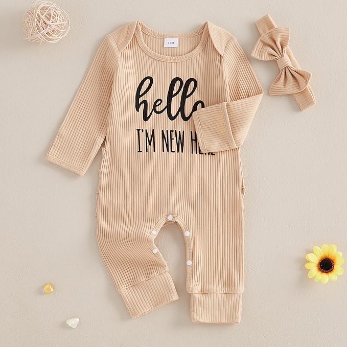 Newborn Baby Girls Rompers Knit Round Neck Long Sleeve Infant Fall Jumpsuits with Headband Coming Home Outfit