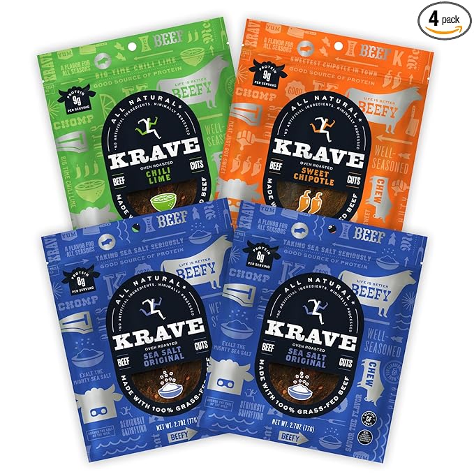 KRAVE Zero Sugar Beef Jerky, Sea Salt, Chili Lime, Sweet Chipotle - (Variety Pack) - All Natural 100% Grass Fed Beef - Protein Packed Keto Snacks Roasted for Maximum Flavor - Gluten Free - 2.7 Ounce (Pack of 4)