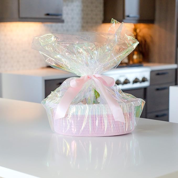 NaturalCozy 3-Piece Oval Storage Basket Set– Soft Natural Rope Woven Baskets for Storage Shelf, Toy, Nursery, Gift, Baby Shower, Pets Cat Dog Bins | Small Basket for Organizing (Off White & Pink)