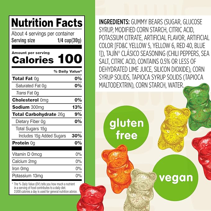 Snak Club Tajin Gummy Bears, Assorted Fruit Candy Gummies with Chili and Lime Seasoning, Mild, Gluten-Free and Vegan Snacks, 4 oz Resealable Bags, 6 Pack