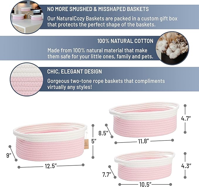 NaturalCozy 3-Piece Oval Storage Basket Set– Soft Natural Rope Woven Baskets for Storage Shelf, Toy, Nursery, Gift, Baby Shower, Pets Cat Dog Bins | Small Basket for Organizing (Off White & Pink)