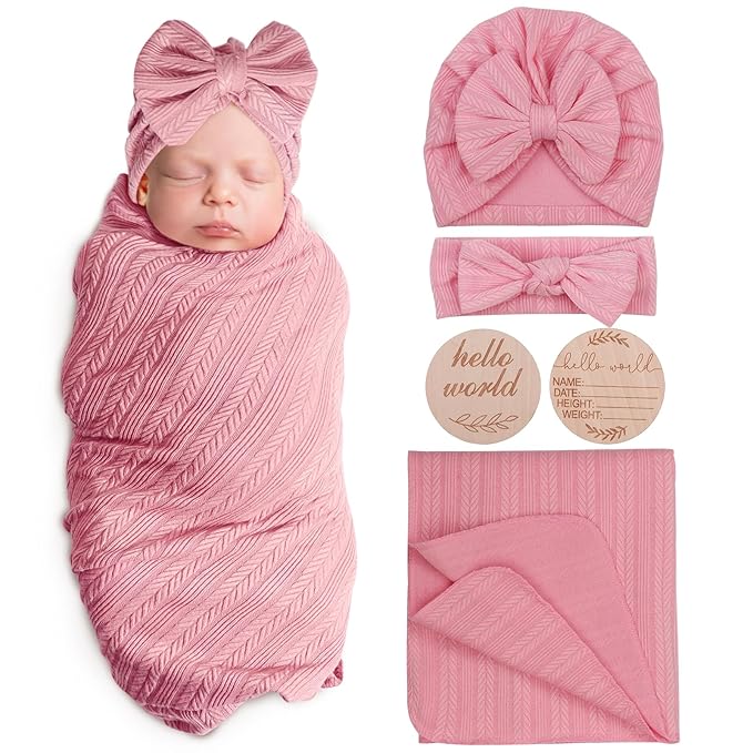 Newborn Receiving Blanket with Bow Hat Headband Wooden Card Set Wheat-Pattern Newborns Toddler Baby Boy Girl Nursery Swaddle Wrap