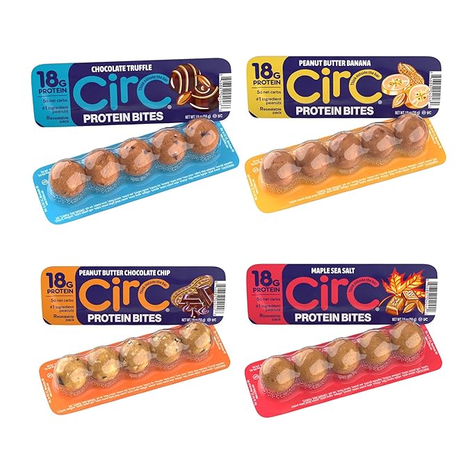 CirC Protein Bites - 8 Count Variety Mix High Energy Balls - 18g of protein 4g of Collagen, 5g of net carb, Whey & Peanuts - Portable Healthy Snacks in 5-Piece Resealable Packs