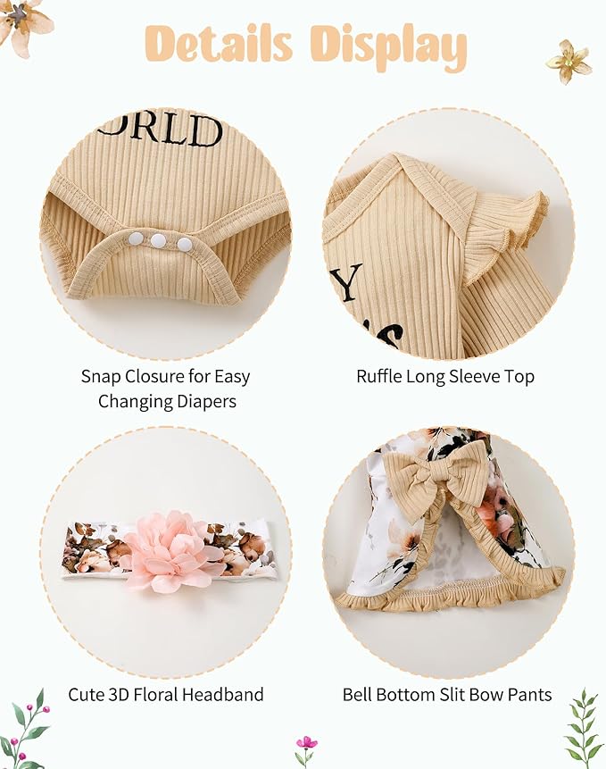 SUNNY PIGGY Newborn Baby Girl Clothes Infant Outfits Romper Floral Fall Outfit Bell Bottoms Pant Sets Hat Headband Flowerpant